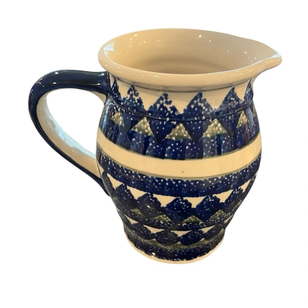 Boleslawiec Pitcher Jug Polish Pottery Blue Triangle Water Juice Tea Milk 32oz.